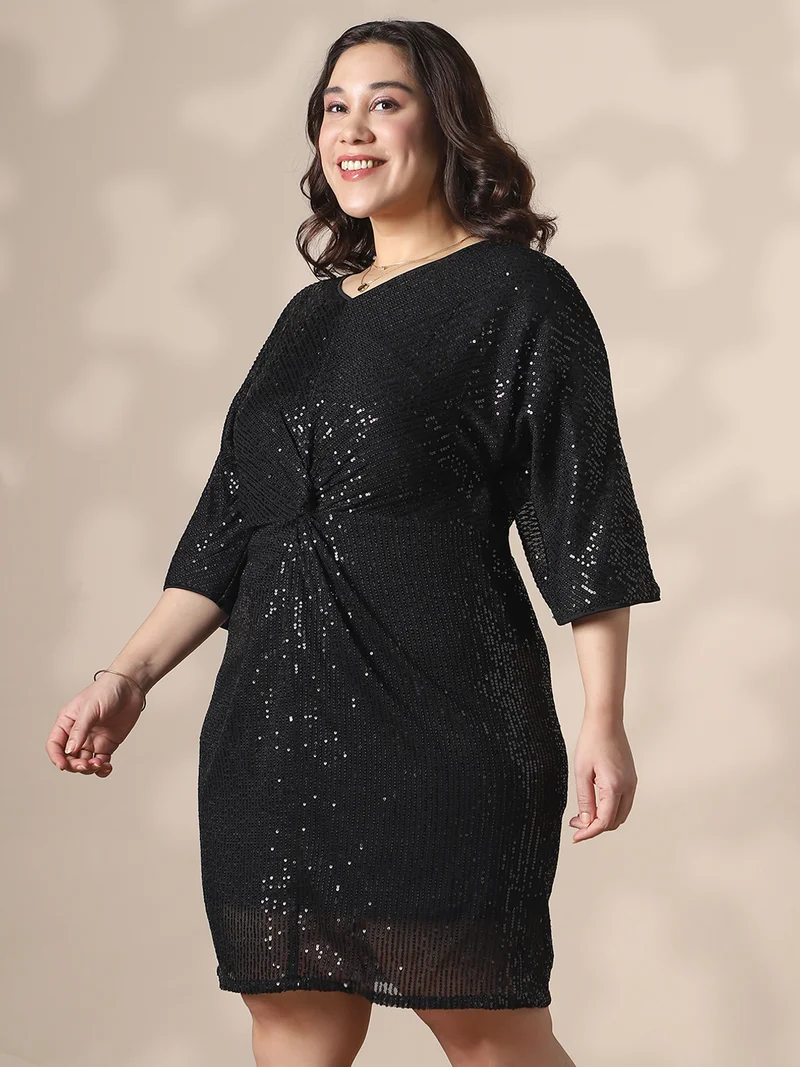globus Globus Gloplus Women Black V-Neck Extended Sleeves Twisted Detail Sequinned Mini Sheath Plus size Party Dress