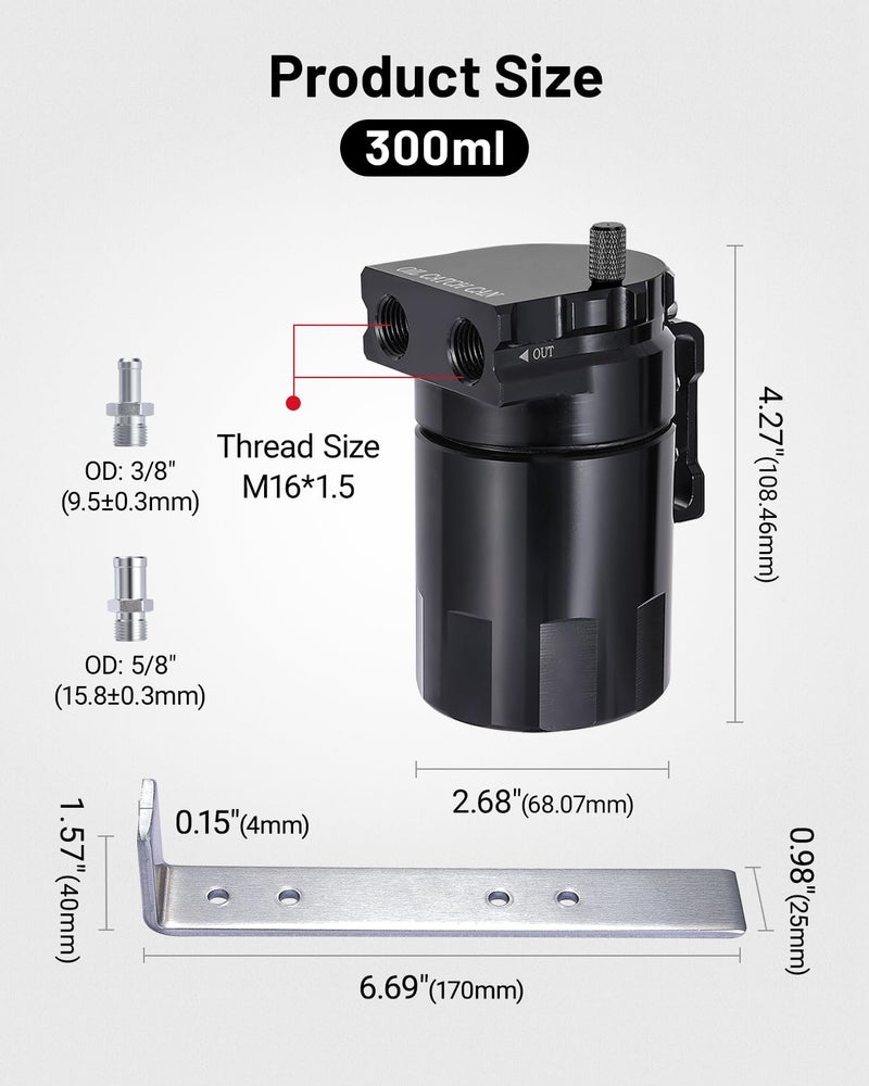 EVIL ENERGY Oil Catch Can, Universal Baffled Catch Can Kit with NBR Fuel Hose, 300ml Aluminum Air Oil Separator Tank for PCV System - Image 3