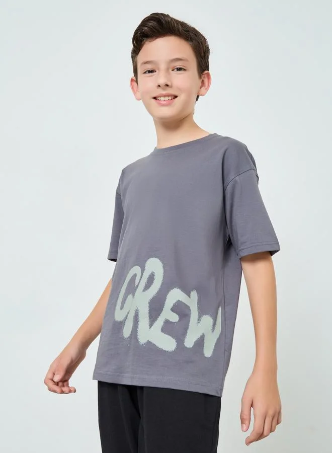Styli Boys Grey Graphic Print Cotton Oversized T-Shirt