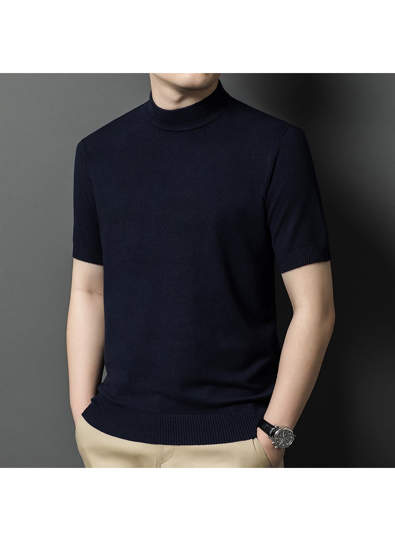 Generic - Mens Wool-Containing Half-High Collar Knitwear Short-Sleeved Slim-Fit Fashionable All-Match Base-Layer Shirt Business Casual Inner T-Shirt for Men sapphire blue - Image 1