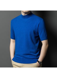 Mens Wool-Containing Half-High Collar Knitwear Short-Sleeved Slim-Fit Fashionable All-Match Base-Layer Shirt Business Casual Inner T-Shirt for Men sapphire blue