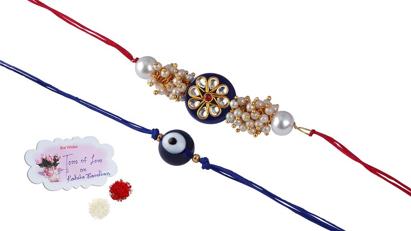 JFL Mens - Jewellery For Less Combo Of 2 Fashion Evil Eye & Kundan Rakhi For Rakshabandhan Festival Brother Rakhi Handcrafted With Roli Chawal And Hand Written Card, Adjustable. - Image 1