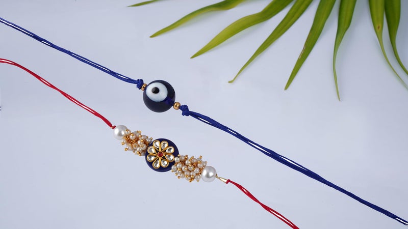 JFL Mens - Jewellery For Less Combo Of 2 Fashion Evil Eye & Kundan Rakhi For Rakshabandhan Festival Brother Rakhi Handcrafted With Roli Chawal And Hand Written Card, Adjustable. - Image 2