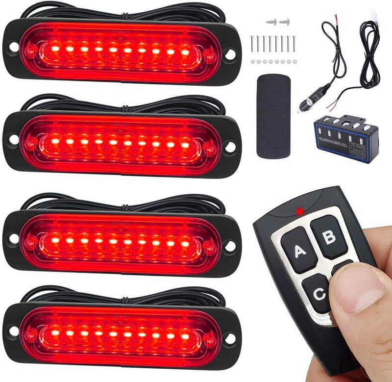 EASE2U E Led Warning Lights, 4pcs Emergency Warning Caution Hazard Construction Ultra Slim Sync Feature Car Truck with Main Control Box Surface Mount (Red) - Image 1