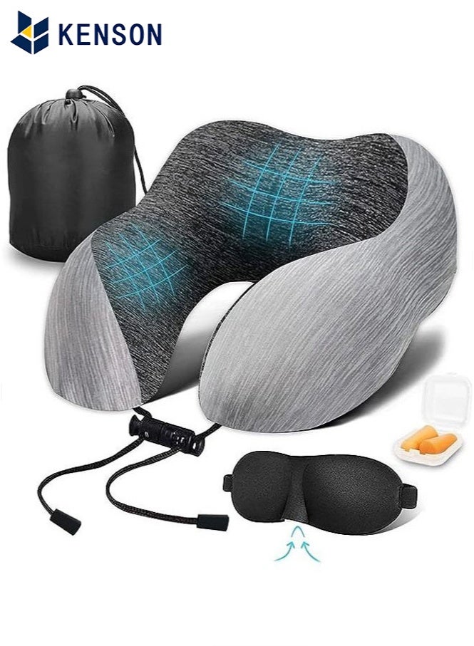 كِينْسُون وسادة سفر 100٪ وسادة ميموري فوم ، وسادة رقبة للطائرة ، وسادة دعم الرقبة والرأس للراحة أثناء النوم والسيارة ، مجموعة وسائد السفر مع حقيبة تخزين ، قناع نوم وسدادات أذن (رمادي) - Image 1