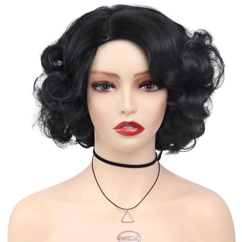 GNIMEGIL GNIMGIL Female Short Black Curly Wigs for Women Cosplay Wig Natural Hair Synthetic Hair 1920s Carnival Halloween Costume for Woman Fancy Dress Party Wig