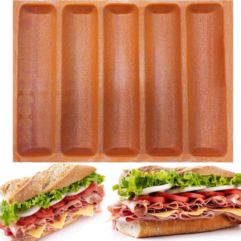 FETESUR Silicone Perforated Baking Forms Sandwich Mold French Baguette Bread Pan Food Mat 5 Loaf Non-Stick Baking Liners (Orange) - Image 1