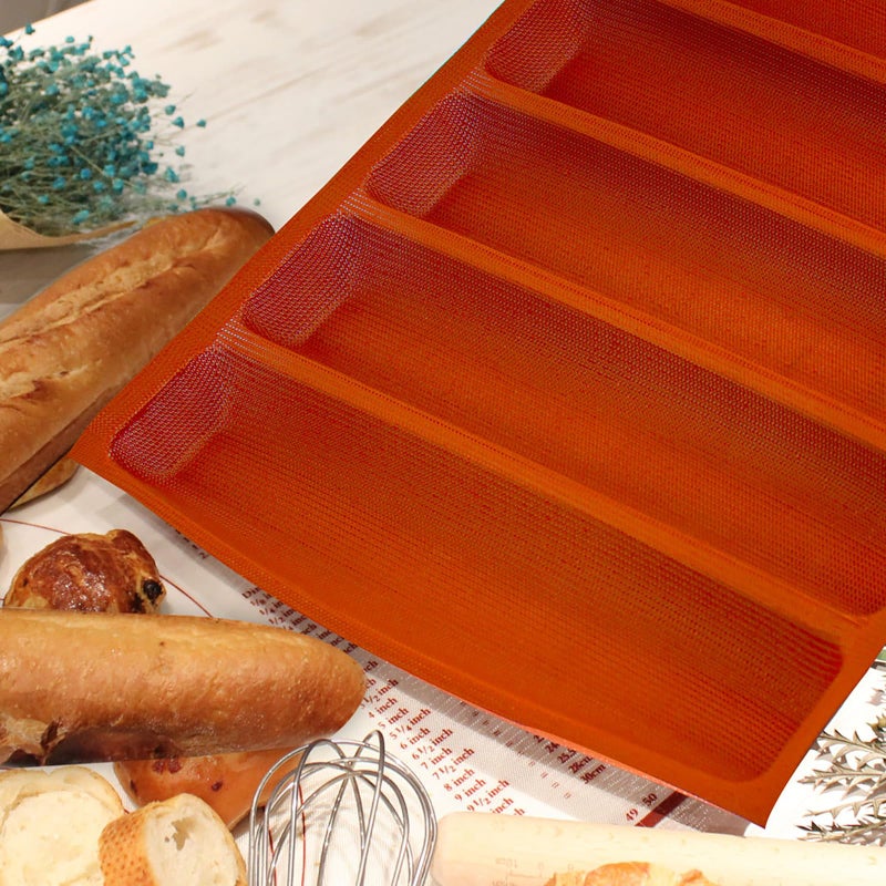 FETESUR Silicone Perforated Baking Forms Sandwich Mold French Baguette Bread Pan Food Mat 5 Loaf Non-Stick Baking Liners (Orange) - Image 4