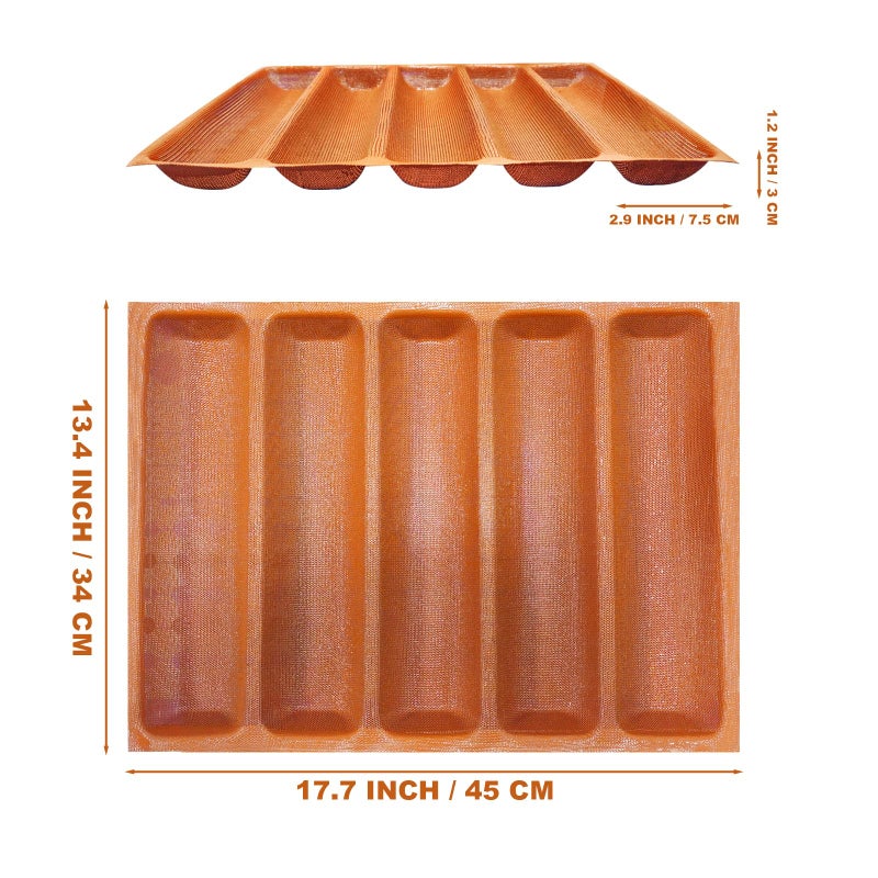 FETESUR Silicone Perforated Baking Forms Sandwich Mold French Baguette Bread Pan Food Mat 5 Loaf Non-Stick Baking Liners (Orange) - Image 2