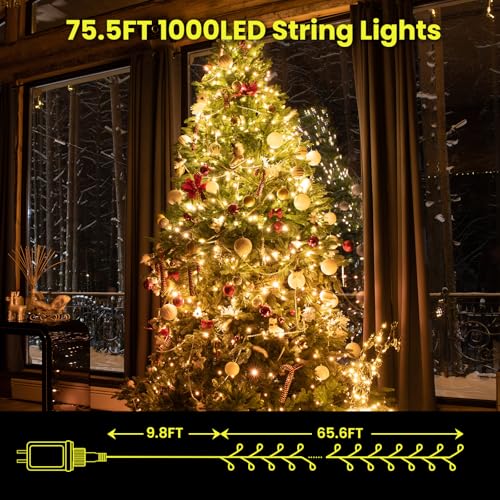 DAILY ART Dailyart Fairy Lights Plug in, 1000 Led Fairy Lights with Remote 75Ft Super Long Warm with Timer Small Twinkle Light Waterproof String Light for Bedroom Outdoor Indoor,Gold Wire - Image 4