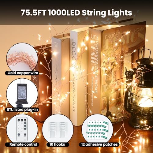 DAILY ART Dailyart Fairy Lights Plug in, 1000 Led Fairy Lights with Remote 75Ft Super Long Warm with Timer Small Twinkle Light Waterproof String Light for Bedroom Outdoor Indoor,Gold Wire - Image 5