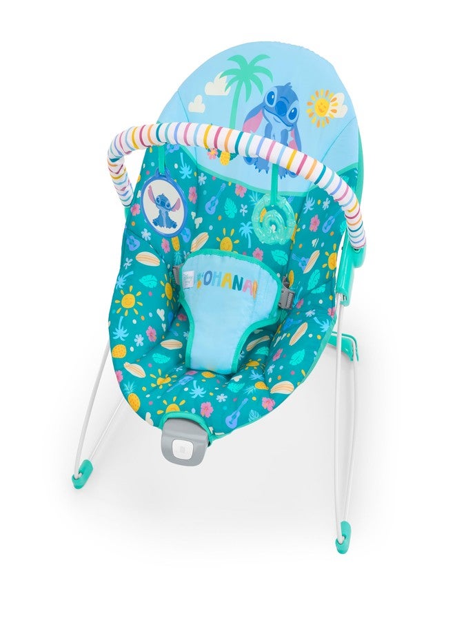 Bright Starts Disney Stitch Ohana Paradise Vibrating Baby Bouncer by Bright Starts, Soothing Vibrations Infant Seat with 2 Sensory Toys, 0-6 Months - Image 1