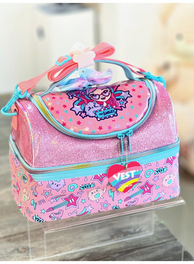 Pink Cartoon Double Layer Kids Lunch Bag Portable Insulated Waterproof Bento Lunch Bag Kids Lunch Bag 17cm×26.5cm×17.5cm