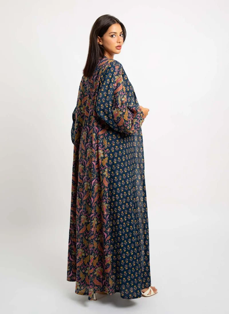 Kaafmeem Navy Paisley Flora A-Cut Abaya