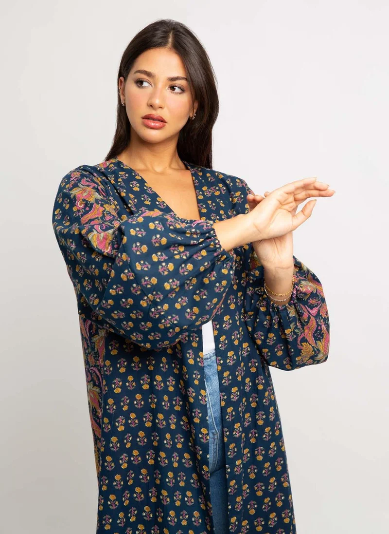 Kaafmeem Navy Paisley Flora A-Cut Abaya