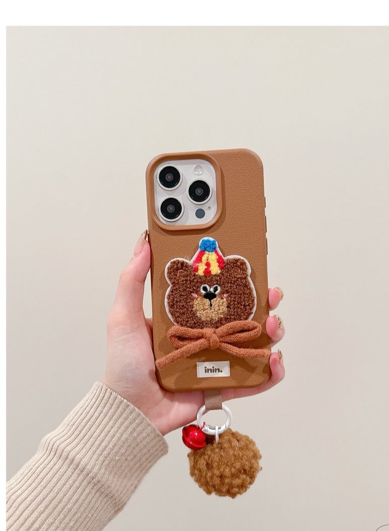 NIBEMINENT Bows And Ribbons Embroidery Protective TPU Case Cover For iPhone 15 Plus, Brown Furry Bear With Red Bell With Red Pom Pom
