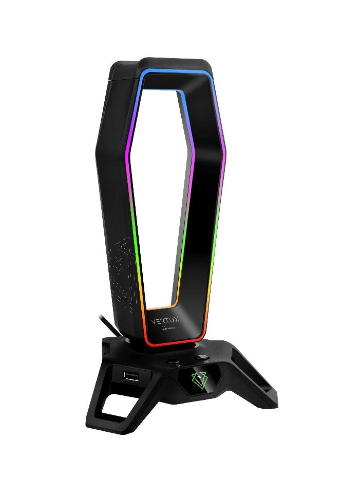 Vertux Gaming Headset Stand with USB Hub, Multifunctional Headset Holder with 3 USB Sync Charge Ports, 7.1 Surround Sound Audio Ports, 12 LED Modes and Weighted Anti-Slip Base for Headphones, PC/ Laptop, HexaRack Black - Image 1
