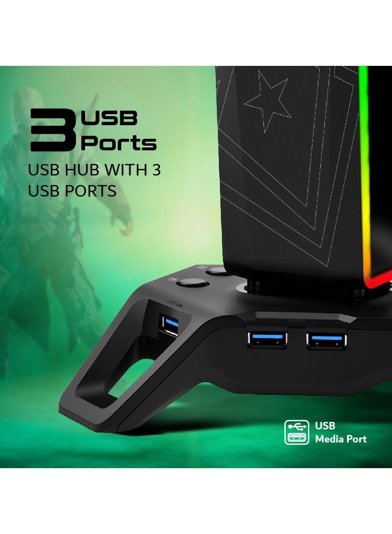 Vertux Gaming Headset Stand with USB Hub, Multifunctional Headset Holder with 3 USB Sync Charge Ports, 7.1 Surround Sound Audio Ports, 12 LED Modes and Weighted Anti-Slip Base for Headphones, PC/ Laptop, HexaRack Black - Image 2