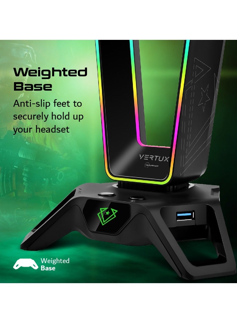 Vertux Gaming Headset Stand with USB Hub, Multifunctional Headset Holder with 3 USB Sync Charge Ports, 7.1 Surround Sound Audio Ports, 12 LED Modes and Weighted Anti-Slip Base for Headphones, PC/ Laptop, HexaRack Black - Image 3