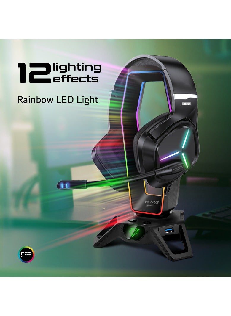 Vertux Gaming Headset Stand with USB Hub, Multifunctional Headset Holder with 3 USB Sync Charge Ports, 7.1 Surround Sound Audio Ports, 12 LED Modes and Weighted Anti-Slip Base for Headphones, PC/ Laptop, HexaRack Black - Image 4