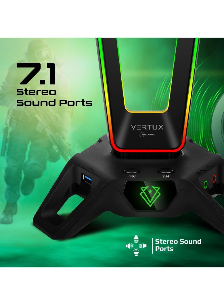 Vertux Gaming Headset Stand with USB Hub, Multifunctional Headset Holder with 3 USB Sync Charge Ports, 7.1 Surround Sound Audio Ports, 12 LED Modes and Weighted Anti-Slip Base for Headphones, PC/ Laptop, HexaRack Black - Image 5