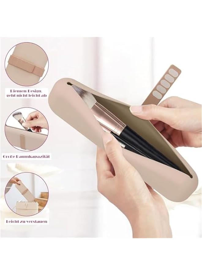 HOOKOR Silicone Makeup Brush Pouch,Portable Make up Brush Holder with Adhesive Tape,Make Up Organizer Bag Case for Woman,Toiletry Organizer for Travel Storagee (khaki) - Image 1