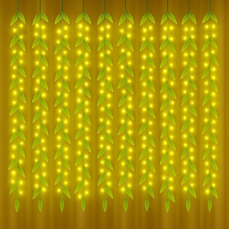 Gesto أضواء خيطية LED على شكل ستارة أوراق صناعية - أضواء خيالية دافئة بيضاء مع وحدة تحكم بـ 8 أوضاع، قابس AC للمنزل، الغرفة، الجدار، عيد الميلاد، الزفاف وزينة ديوالي، أضواء أوراق خضراء معلقة (10x3 قدم) - Image 1