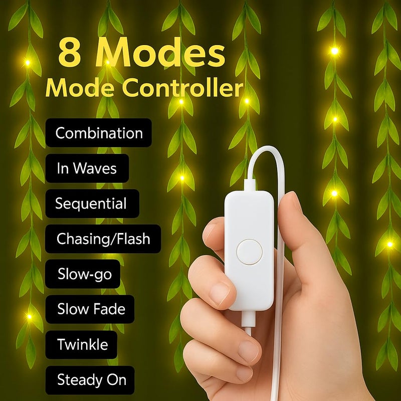 Gesto أضواء خيطية LED على شكل ستارة أوراق صناعية - أضواء خيالية دافئة بيضاء مع وحدة تحكم بـ 8 أوضاع، قابس AC للمنزل، الغرفة، الجدار، عيد الميلاد، الزفاف وزينة ديوالي، أضواء أوراق خضراء معلقة (10x3 قدم) - Image 2