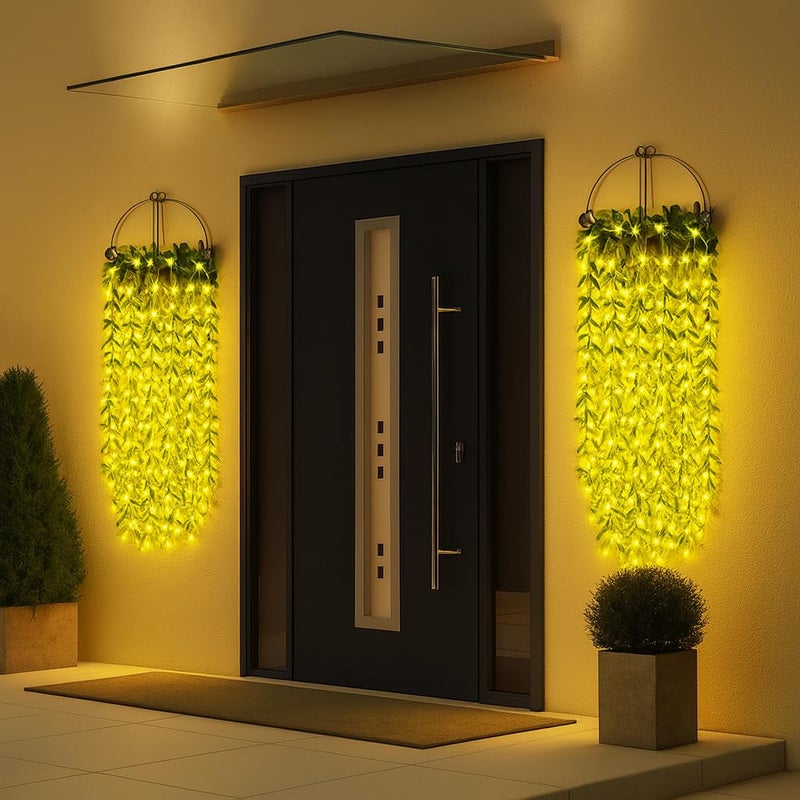 Gesto أضواء خيطية LED على شكل ستارة أوراق صناعية - أضواء خيالية دافئة بيضاء مع وحدة تحكم بـ 8 أوضاع، قابس AC للمنزل، الغرفة، الجدار، عيد الميلاد، الزفاف وزينة ديوالي، أضواء أوراق خضراء معلقة (10x3 قدم) - Image 5