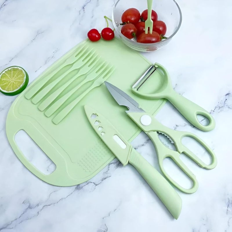 Cutlery Kit - Handy multifunctional kitchen organizer with sharp stainless knife, quick peeler, sturdy scissors, durable cutting board, all neatly arranged in one colorful set