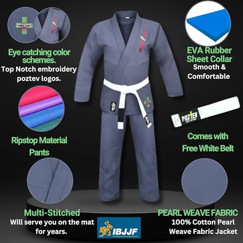 POZTEV Brazilian Jiu Jitsu Gi for Men & Women BJJ Gi Grappling Kimonos Preshrunk Lightweight Fabric Martial Arts Training Uniform With Free White Belt (Grey,A3) - Image 2