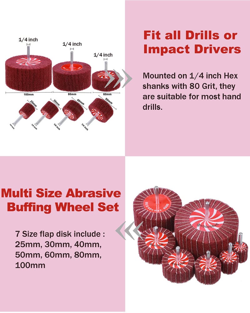 Rocaris 14 Pack Rocaris Buffing Flap Wheels - 7 Size Flap Disk - 1/4 Inch Shanks Fit All Drills - 80 Grits - Image 4