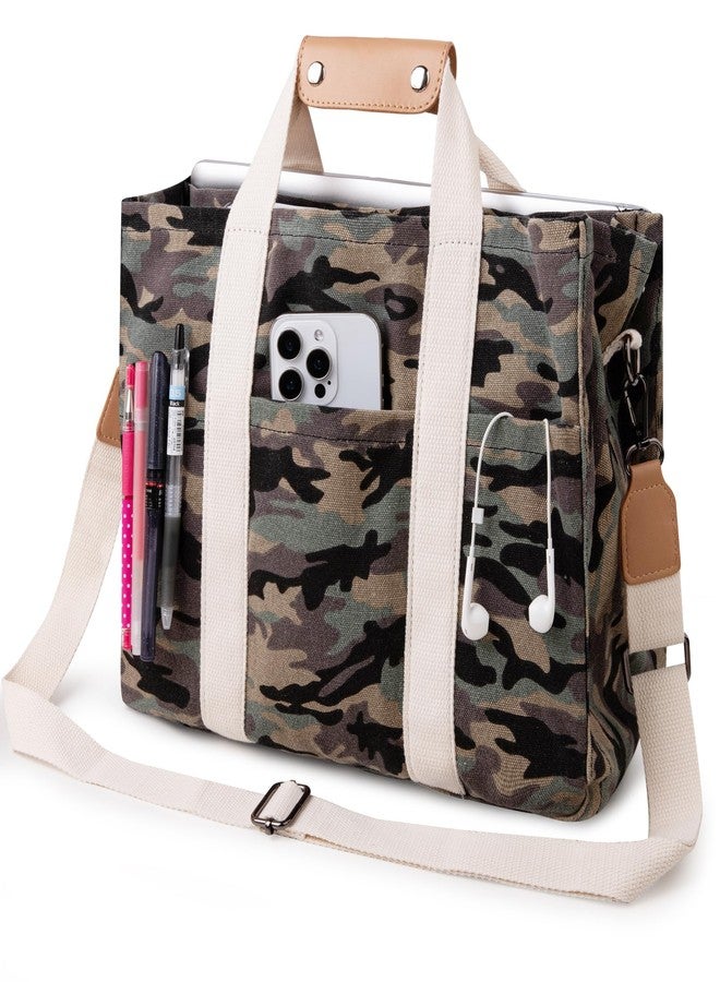 MEEJUNE Canvas Tote Bag with Multi Pocket Crossbody Bag for Women Tote Bag with Compartments Adjustable Wide Shoulder Strap Handbag- Camo - Image 1