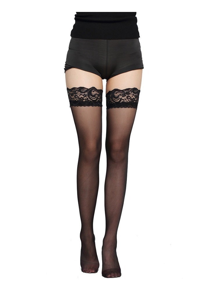 Layali Women Lace Top Thigh High Hold Up Stockings, Ultra Sheer Transparent Wide Lace Cuff Long Hosiery, High Stretch One Size Slimming Thigh Socks - Black - Image 1