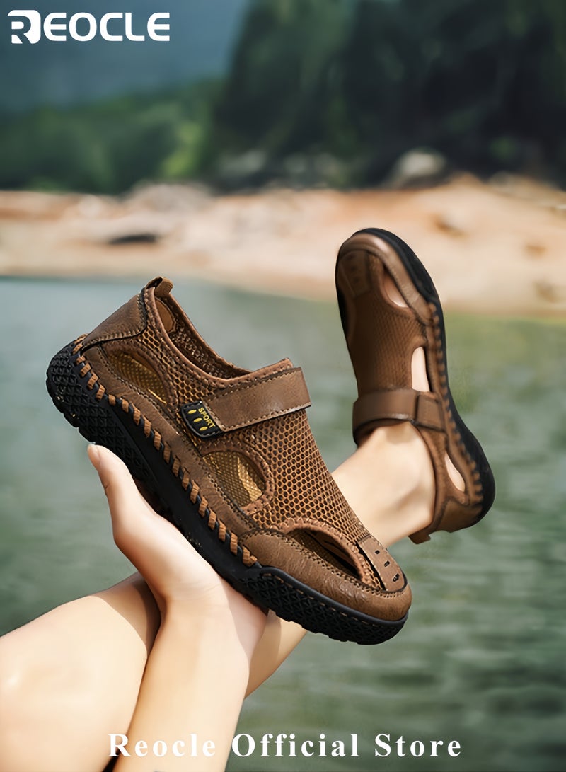 REOCLE Men's Mesh Sandals Handmade Leather Slippers Casual Summer Hiking Shoes with Soft Sole Breathable Beach Sandals for Outdoor Use - Image 2