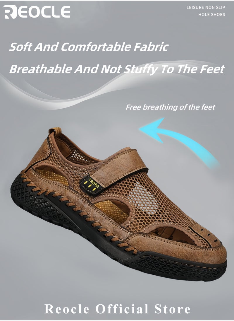 REOCLE Men's Mesh Sandals Handmade Leather Slippers Casual Summer Hiking Shoes with Soft Sole Breathable Beach Sandals for Outdoor Use - Image 4