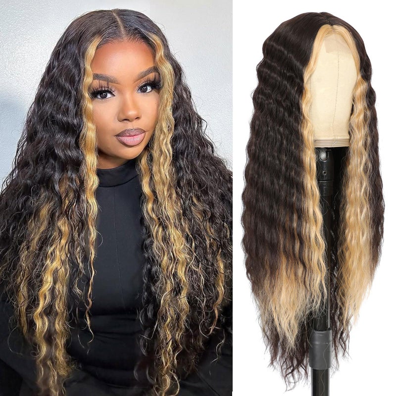 CLIONE 28" Synthetic Curly Wigs for Women Dark Brown Skunk Stripe Wig Deep Wave Wig with Blonde Highlights Long Wavy Lace Front Wigs Synthetic Hair 4" Simulated Scalp Crimps Curls Wig,HL6/15P# - Image 1