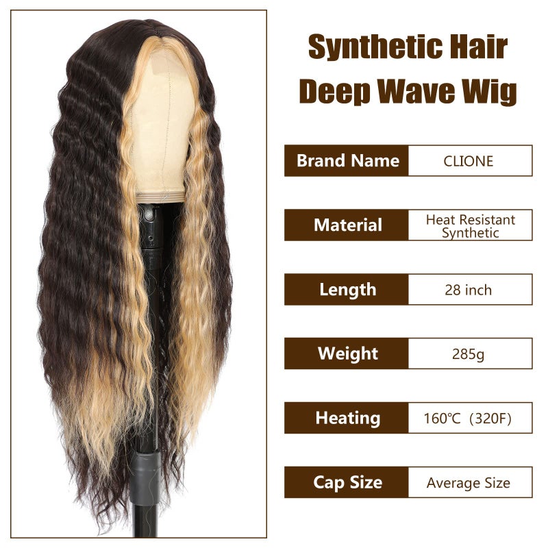 CLIONE 28" Synthetic Curly Wigs for Women Dark Brown Skunk Stripe Wig Deep Wave Wig with Blonde Highlights Long Wavy Lace Front Wigs Synthetic Hair 4" Simulated Scalp Crimps Curls Wig,HL6/15P# - Image 3