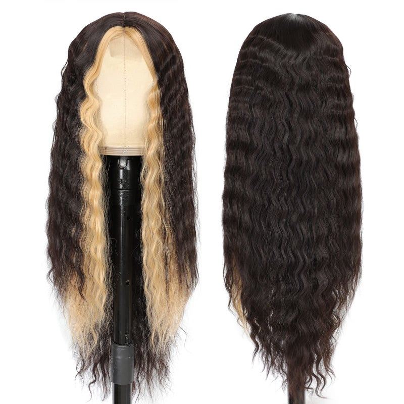 CLIONE 28" Synthetic Curly Wigs for Women Dark Brown Skunk Stripe Wig Deep Wave Wig with Blonde Highlights Long Wavy Lace Front Wigs Synthetic Hair 4" Simulated Scalp Crimps Curls Wig,HL6/15P# - Image 4