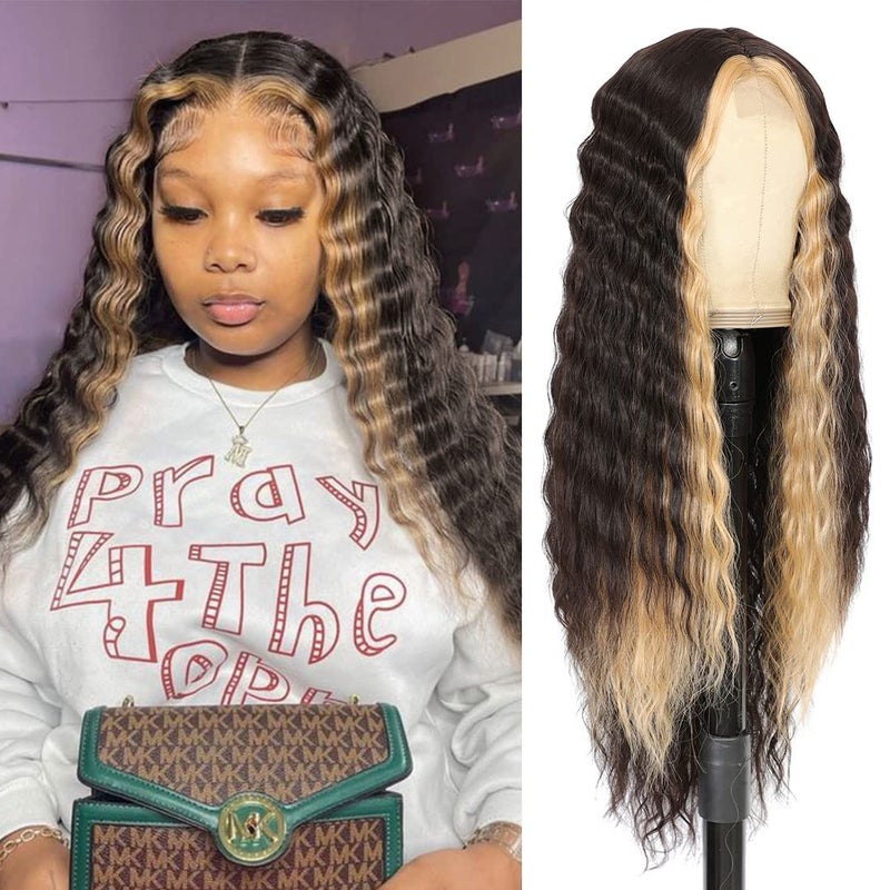 CLIONE 28" Synthetic Curly Wigs for Women Dark Brown Skunk Stripe Wig Deep Wave Wig with Blonde Highlights Long Wavy Lace Front Wigs Synthetic Hair 4" Simulated Scalp Crimps Curls Wig,HL6/15P# - Image 2