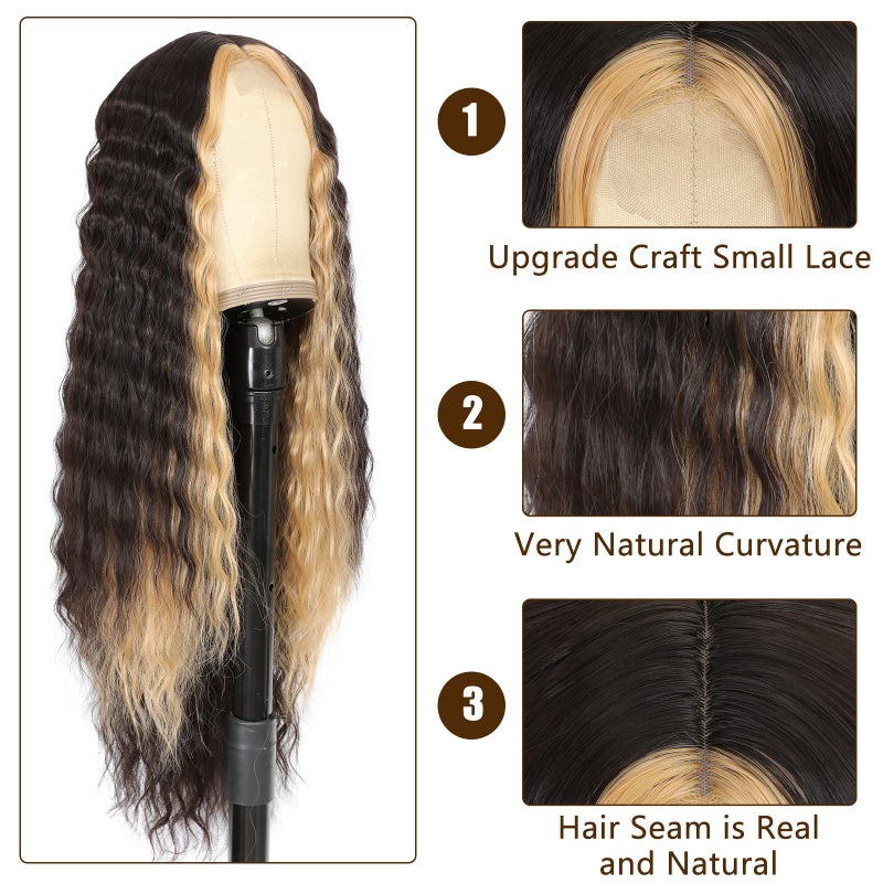 CLIONE 28" Synthetic Curly Wigs for Women Dark Brown Skunk Stripe Wig Deep Wave Wig with Blonde Highlights Long Wavy Lace Front Wigs Synthetic Hair 4" Simulated Scalp Crimps Curls Wig,HL6/15P# - Image 5