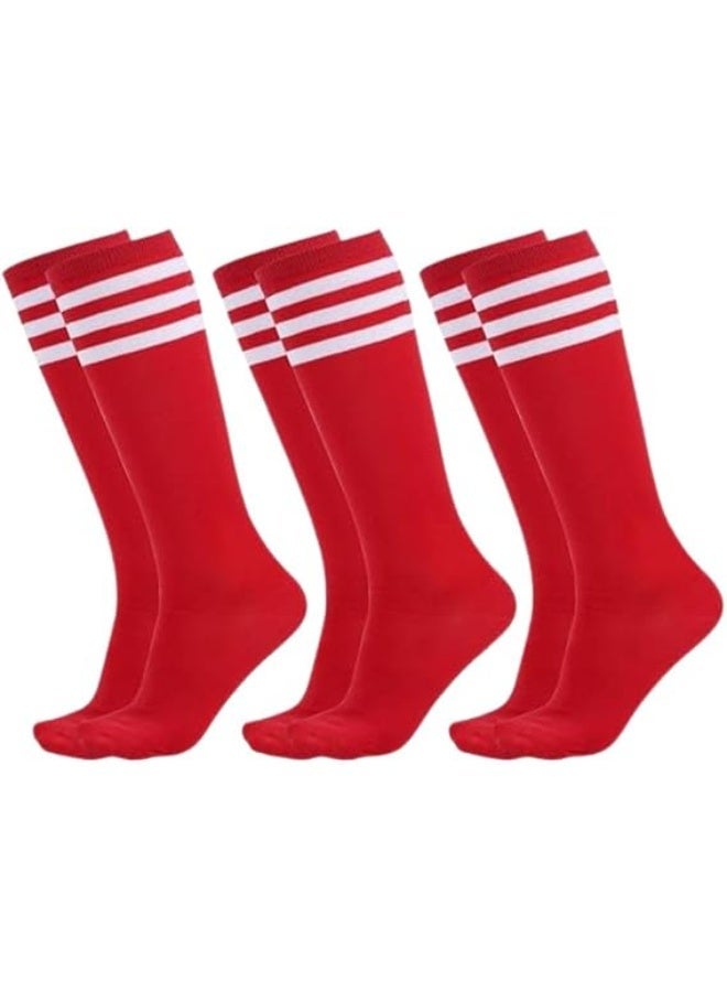 Kids' long sports socks with white stripes, 3-pair set, unisex, comfortable cotton, knee-length, suitable for sports, multiple sizes - Image 1