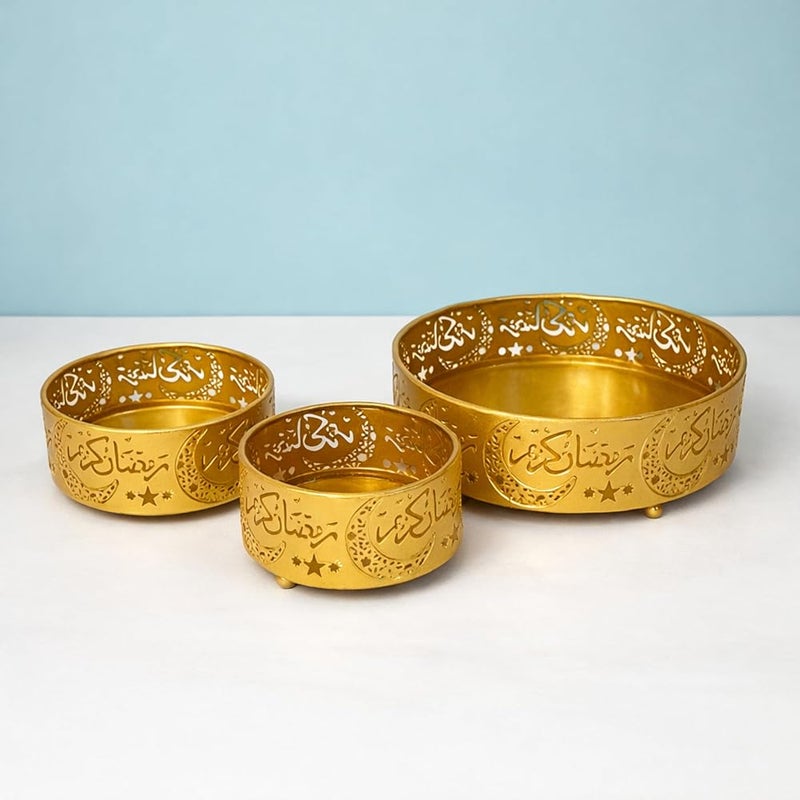 BrainGiggles Ramadan Decorations for Home Set of 3 Serving Trays Ramadan & Eid Table Decoration - Metal Serving Tableware Plates for Fruits, Snaks, Dessert Islamic Eid Gifts for Iftar Party - Image 2