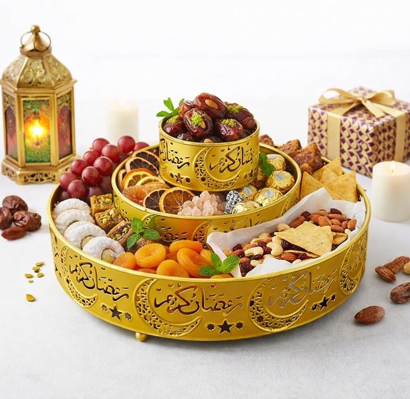BrainGiggles Ramadan Decorations for Home Set of 3 Serving Trays Ramadan & Eid Table Decoration - Metal Serving Tableware Plates for Fruits, Snaks, Dessert Islamic Eid Gifts for Iftar Party - Image 4