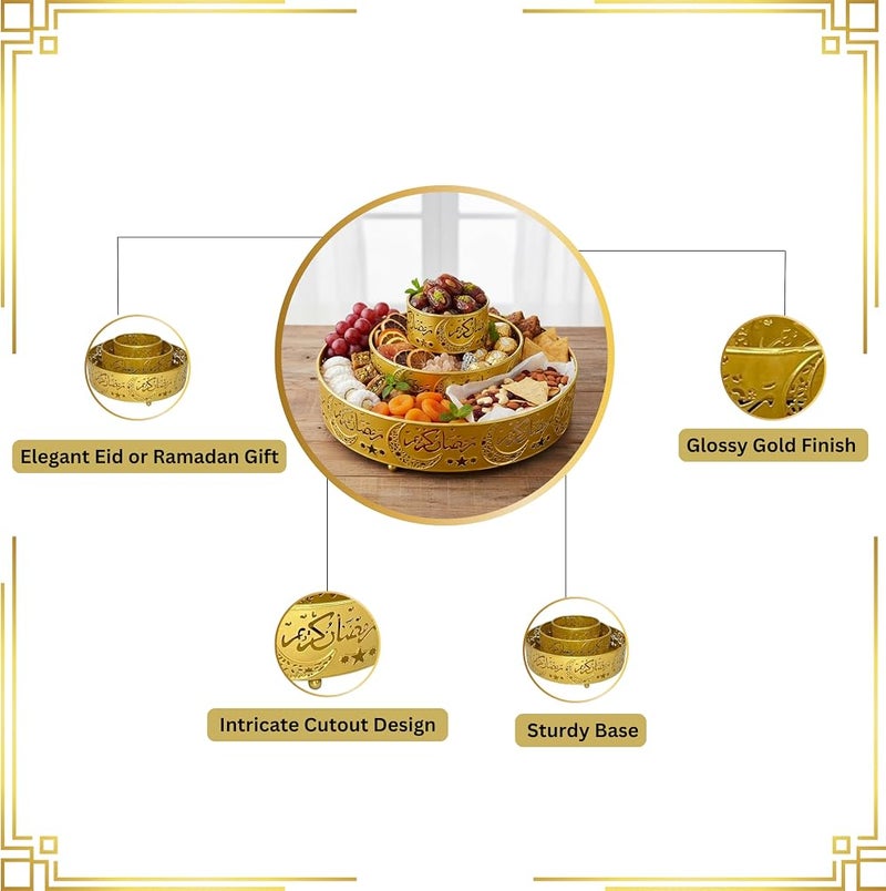 BrainGiggles Ramadan Decorations for Home Set of 3 Serving Trays Ramadan & Eid Table Decoration - Metal Serving Tableware Plates for Fruits, Snaks, Dessert Islamic Eid Gifts for Iftar Party - Image 5