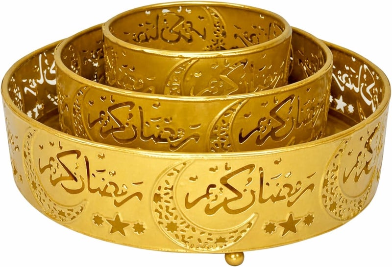 BrainGiggles Ramadan Decorations for Home Set of 3 Serving Trays Ramadan & Eid Table Decoration - Metal Serving Tableware Plates for Fruits, Snaks, Dessert Islamic Eid Gifts for Iftar Party - Image 1