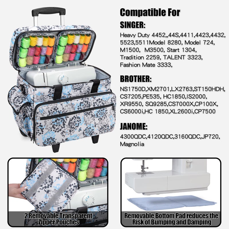 Teamoy Sewing Machine Case with Detachable Wheels, Rolling Sewing Machine Tote with Wheels and Bottom Wooden Pad, Compatible with Singer, Brother and Most Majority Machines and Accessories, Dandelion - Image 2