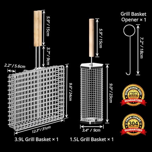 ivtivfu Grill Basket Set Removable Wooden Handle 304 Stainless Steel Rolling BBQ Tools Smoker Grilling Accessories for Vegetable Fish Outdoor Cooking Camping Birthday Gifts for Men Dad Husband - Image 3
