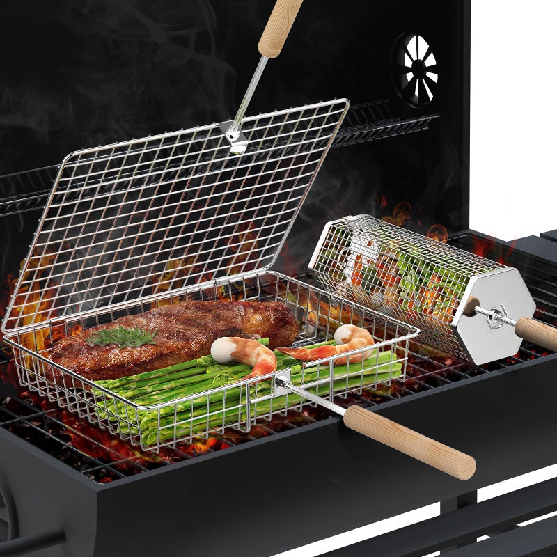 ivtivfu Grill Basket Set Removable Wooden Handle 304 Stainless Steel Rolling BBQ Tools Smoker Grilling Accessories for Vegetable Fish Outdoor Cooking Camping Birthday Gifts for Men Dad Husband - Image 2
