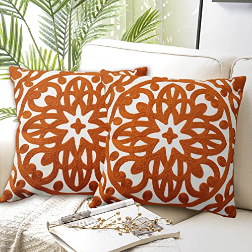 Alysheer Embroidered Decorative Throw Pillow Cover 18x18 inches Set of 2 Pieces, Boho Mandala Modern Chic Classic Pattern Cotton Cushion Case for Sofa Couch Bed Living Room(Burnt Orange) - Image 1